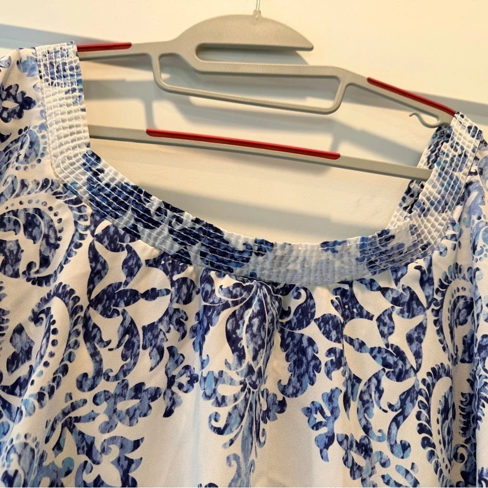 Show Me Your Mumu Blue White Damask Maxi Dress Off Shoulder XS